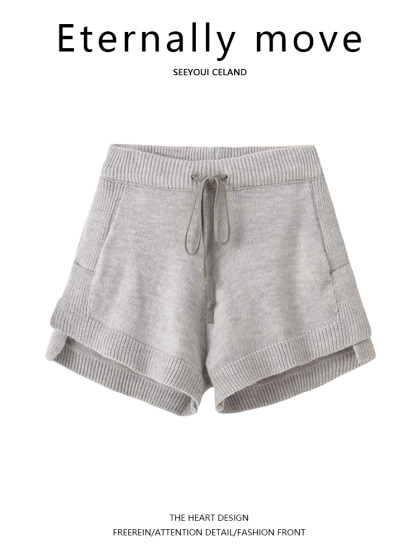 Eternally move方圆同款灰色短裤女夏休闲显瘦小众设计感抽绳绑带