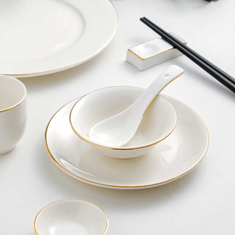 Hotel Tableware, High-End Club and Restaurant Exclusive Gold-Rimmed Bone China Ceramic Three-Piece Set, Four-Piece Set, Plate and Bowl Set
