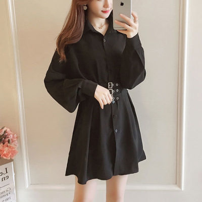 觅阅时尚黑色赫本风小个子连衣裙2021夏季女装长袖裙衬衫裙polo领