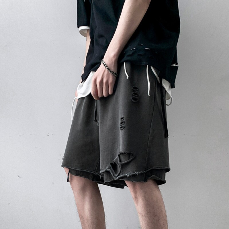 Wukong has goods in summer Hong Kong style ins tide brand hip-hop hole shorts men's 2022 trend personality ruffian handsome sports pants