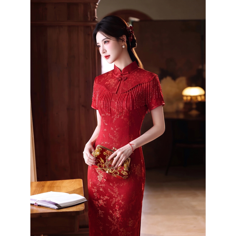 High-End New Chinese-Style Red Engagement Cheongsam Women's Summer Dress Wedding Bride's Toast Dress Tassel Shawl Set High-End New Chinese-Style Red Engagement Cheongsam Women's Summer Dress Wedding Bride's Toast Dress Tassel Shawl Set