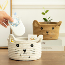 Cat Remote Control Cotton Thread Woven Desktop Storage Basket Key Storage Basket Miscellaneous Organizing Basket Round Blue