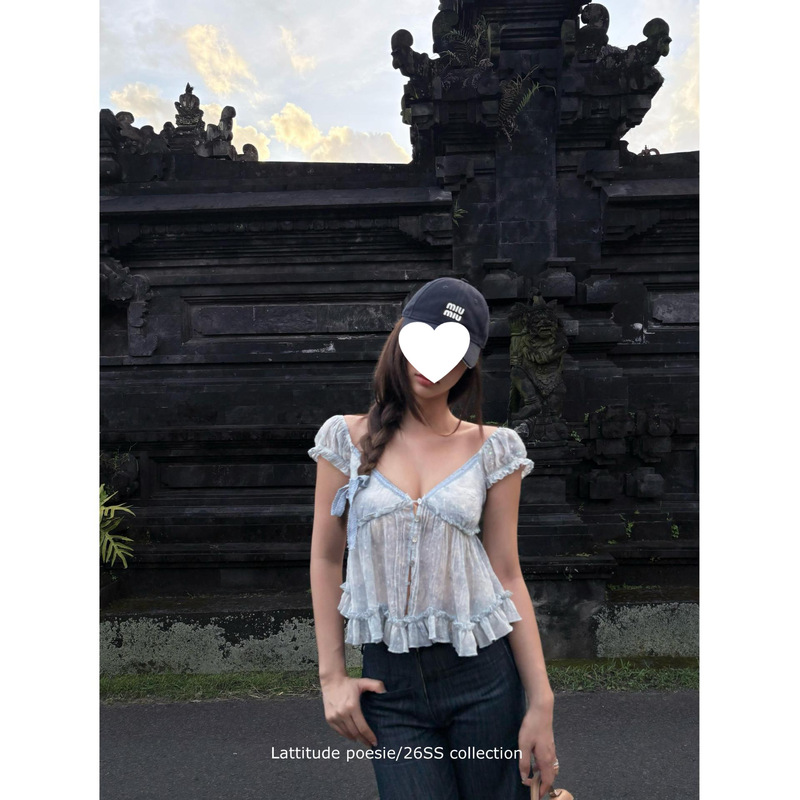 Lattitude/Yang Xiaolu Ocean Sparkling Lazy Blue Embroidered Sequin Doll Blouse