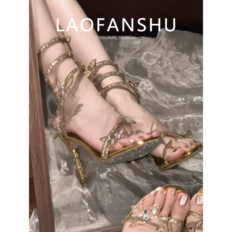 Sheepskin Version! Rhinestone Snake-Shaped Winding High Heels, Sexy Thin Heels, Elegant One-Strap Fairy-Style Stunning Sandals for Summer