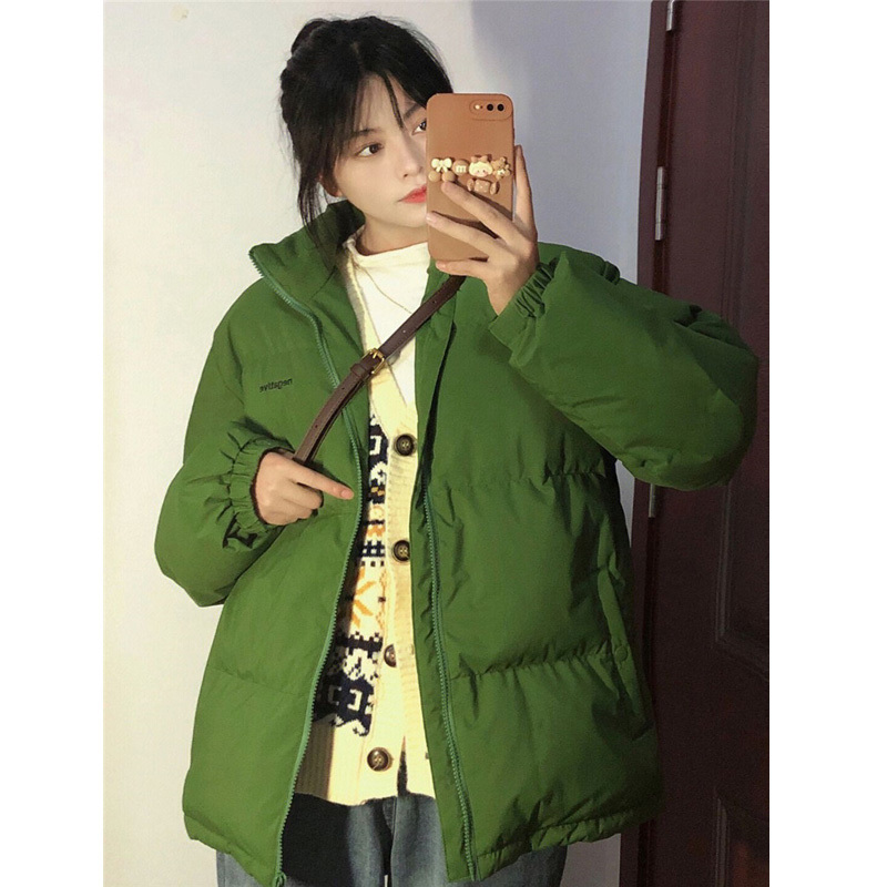 2025 New Winter Green Padded Jacket for Women, Short Korean Style Loose Cotton Coat, Thickened Stand-Up Collar Cotton Clothing, Trendy ins 2025 New Winter Green Padded Jacket for Women, Short Korean Style Loose Cotton Coat, Thickened Stand-Up Collar Cotton Clothing, Trendy ins