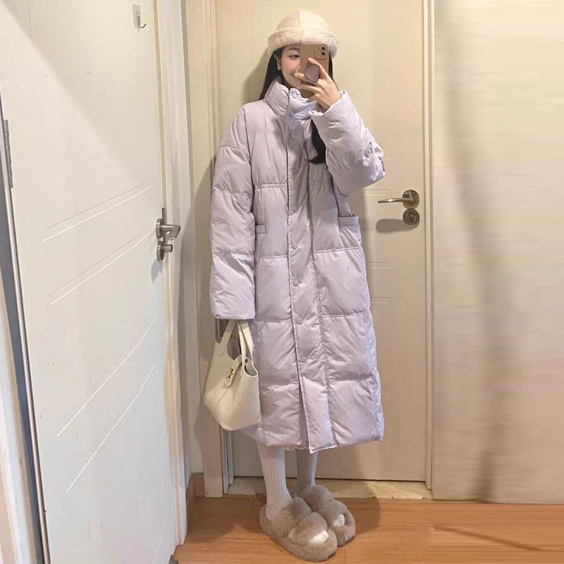 Korean Goddess Style Life-Saving Stand-Up Collar down Jacket for Women, Long Over-The-Knee Length, 2025 Winter New Model, Milk Purple White Duck down Coat