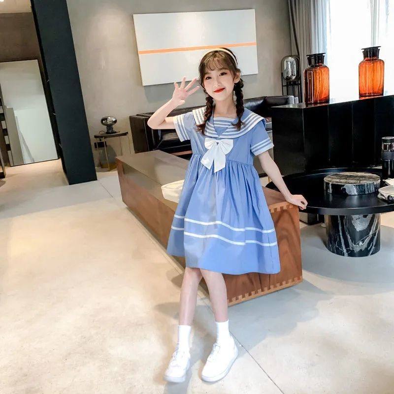 Girls Dress 2021 Summer New Korean Version Foreign Navy Neck Skirt Medium Large Children's Clothing Internet Celebrity Princess