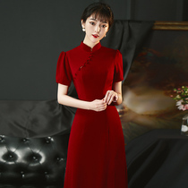 Red Chinese cheongsam wedding toast 2021 new bride small man door engagement dress female summer