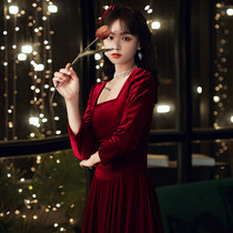 Bride wedding toast 2021 new long sleeve velvet back clothing spring summer red dress engagement dress