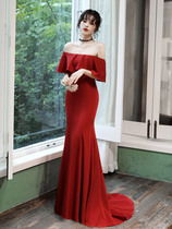 2021 New one word shoulder slim toast red host bride evening dress female summer fishtail long