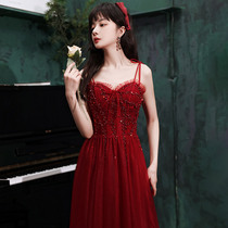 Wine red toast little bride 2021 New temperament atmospheric sling dress wedding dress spring and summer