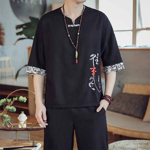 Летняя футболка, комплект для отдыха, из хлопка и льна, китайский стиль, короткий рукав, свободный крой, с вышивкой