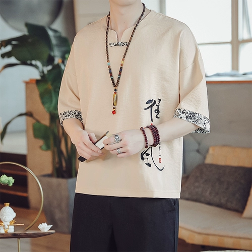 Летняя футболка, комплект для отдыха, из хлопка и льна, китайский стиль, короткий рукав, свободный крой, с вышивкой