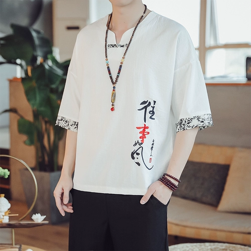 Летняя футболка, комплект для отдыха, из хлопка и льна, китайский стиль, короткий рукав, свободный крой, с вышивкой