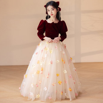 Girls' Dress, Princess Dress, Classy Accessible Luxury Piano Performance Costume, Kidsren's Host Red Long-Sleeved Tutu Skirt