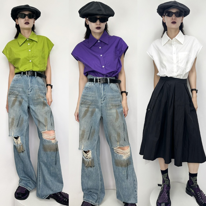 2025 Summer New Style Purple Retro Fashionable Sleeveless Shirt for Women, Solid Color Simple Blouse