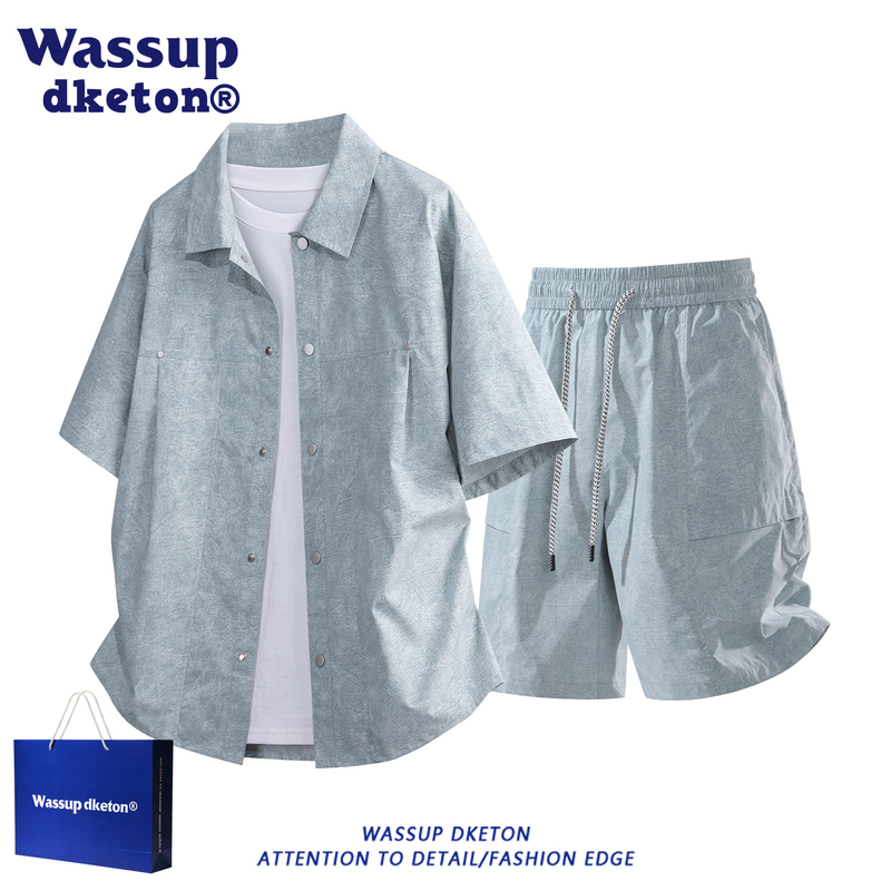 Wassup American-Style Casual Sports Suit for Men, Summer Trendy Brand Versatile Short-Sleeve Shirt and Shorts High Street Two-Piece Set