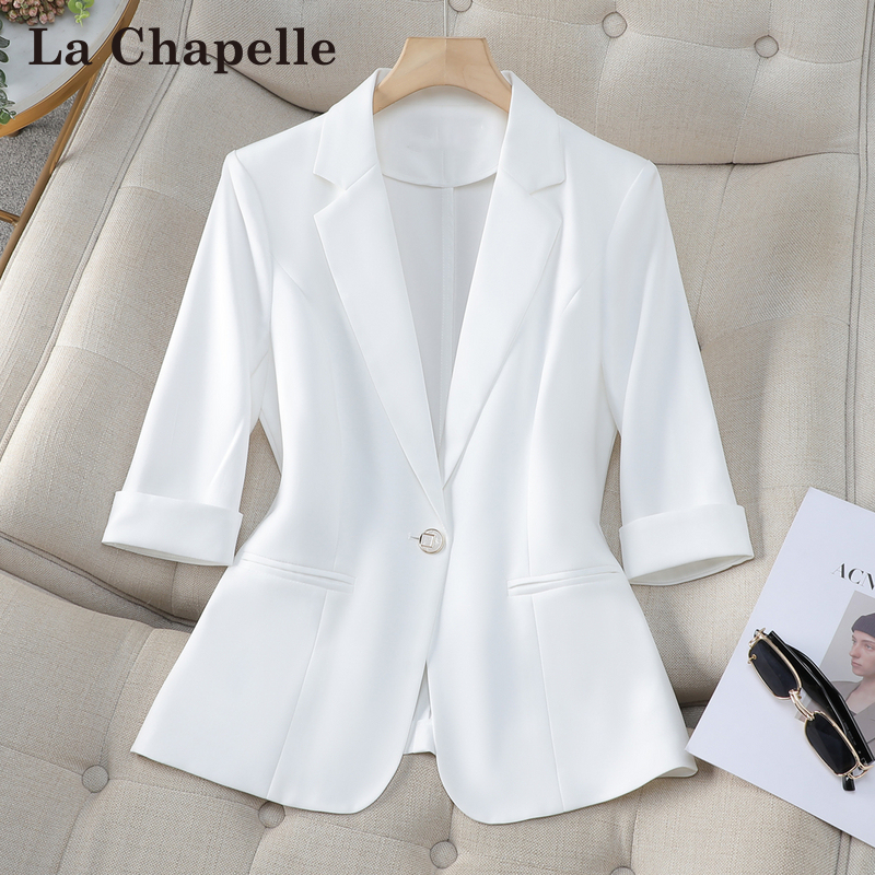 La Chapelle White Blazer for Women, Summer Thin Style, Petite, Elegant, Mid-Sleeve, Casual Blazer Top