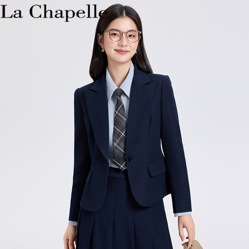 La Chapelle Professional Blazer for Women, New Spring and Autumn Navy Blue Short Style, Workplace Commuting Business Suit Set