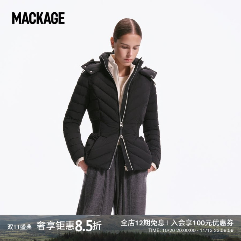 [Recommended for Autumn and Winter] Mackage Women's Idalee Hooded Waist-Tightening Water-Repellent Windproof Fabric Hourglass down Jacket