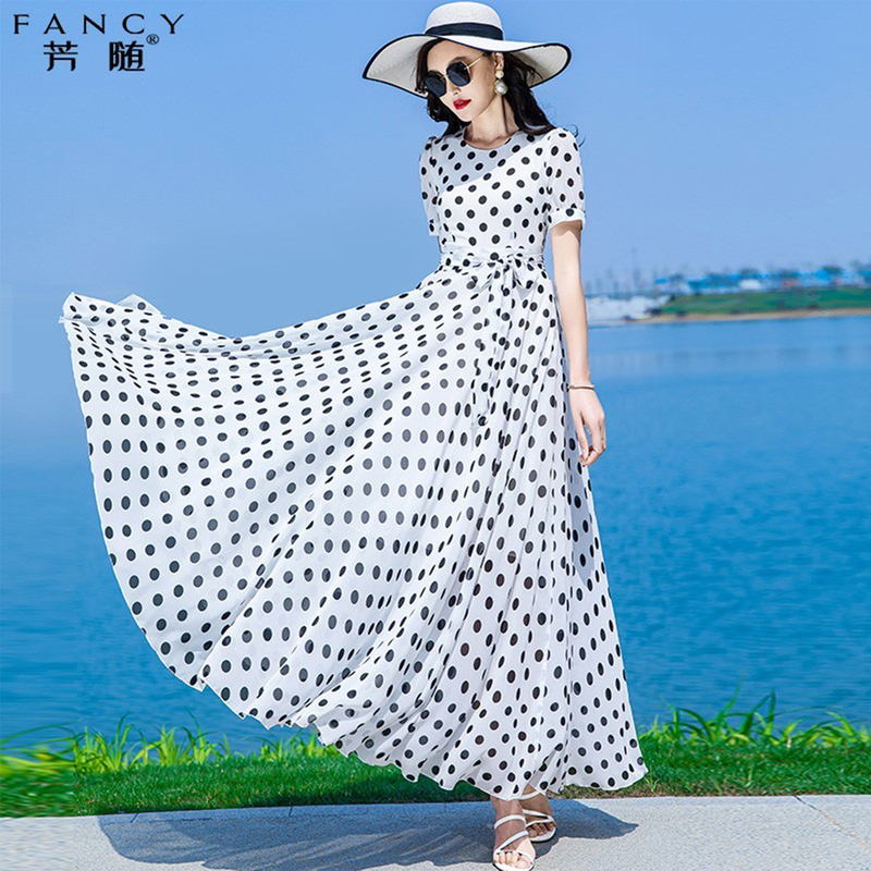 Summer Chiffon Printed Dress for Women 2026 New Style with a Large Hem, High-End Feel, Ankle-Length Polka Dot Stunning Maxi Dress