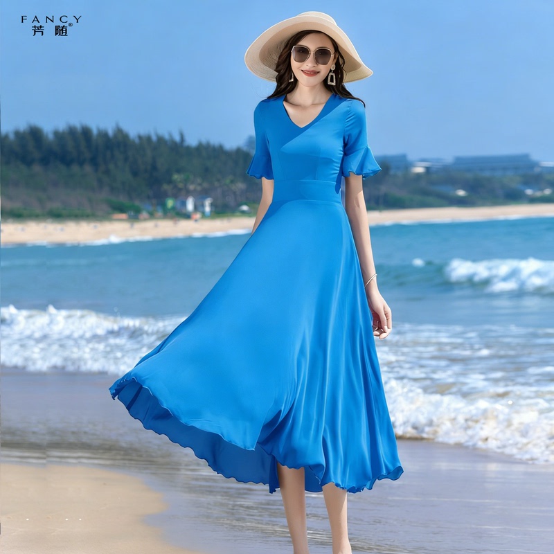 Chiffon Dress for Women 2026 Summer New Short-Sleeved Slimming Large Hem High-End Elegant Long Beach Dress