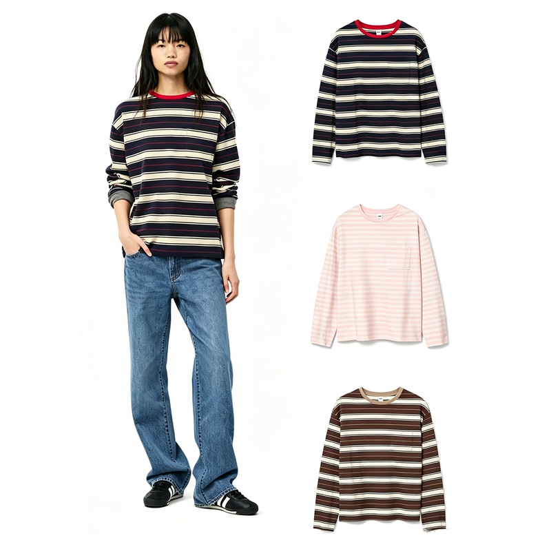 Aritzia Knitted Striped Long-Sleeve Drop-Shoulder Loose Round-Neck Pocket Casual Base Shirt for Women Aritzia Knitted Striped Long-Sleeve Drop-Shoulder Loose Round-Neck Pocket Casual Base Shirt for Women