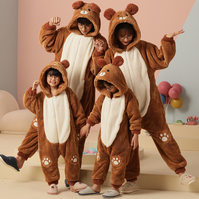 Little Bear Baby Pajamas Winter One-Piece Coral Fleece Parent-Child Outfit Family of Three Children's One-Piece Homewear Mother and Daughter
