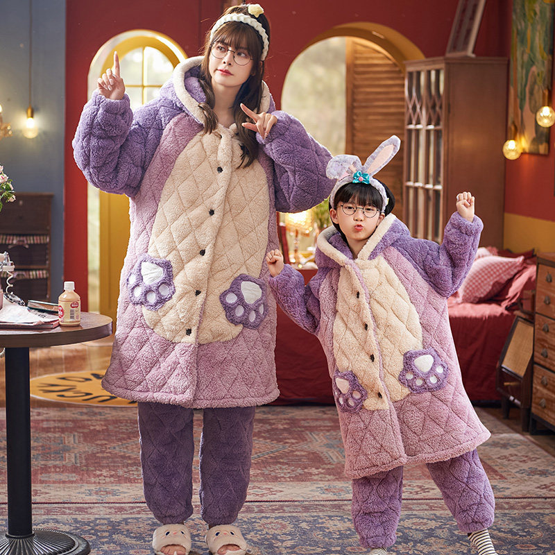 Star Didew Mother Woman Dress Sleeping Gown Girl Winter Coral Suede Thickened Children Pyjamas Cotton Girl Bathrobe two sets