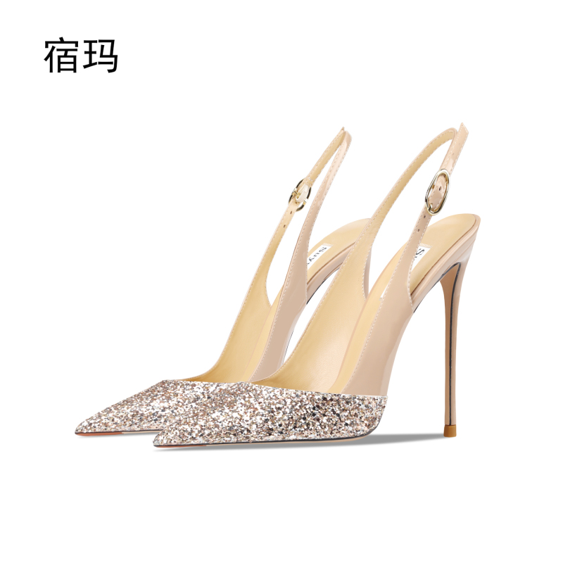 Genuine Leather Gold Sequin Patchwork One-Strap Sandals for Women, 2026 Summer New Pointed-Toe Backless High Heels