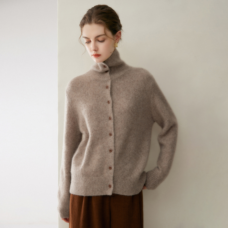 Cashmere Cardigan for Women 2026 Autumn Kangbaolai High-Neck 75% Cashmere 25% Mulberry Silk Five-Needle Three-Strand Sweater