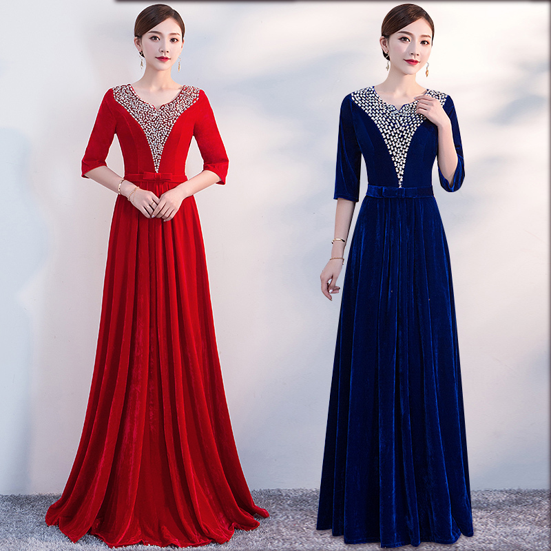 Choir Performance Dress Women's Long Dress New Style Adult Solo Modern Middle-Aged and Elderly Red Song Conductor Slim Evening Dress