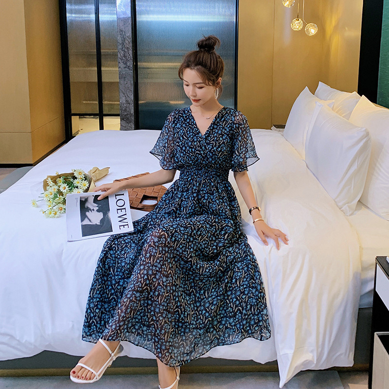 Summer Blue Chiffon Floral Seaside Vacation Dress Mid-Length 2026 Mid-Length Over-The-Knee Long Beach Dress