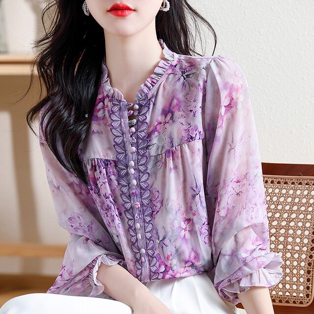 Purple printed chiffon shirt women's spring 2023 new French lantern sleeve shirt fashion beautiful chic small shirt