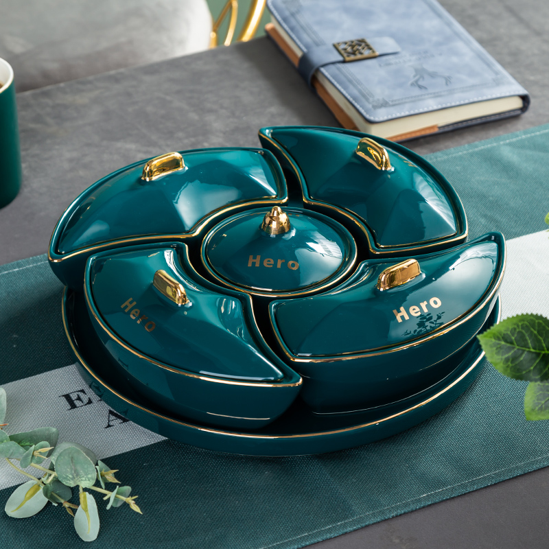 Ceramic dried fruit plate with lid living room home creative coffee table candy nut plate multi-grid combination housewarming gift