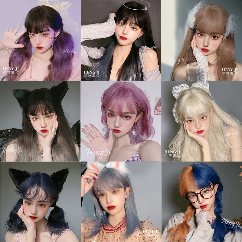 Humming wig hair, long hair, natural full head, long curly hair, black and straight gradient lifelike simulation of human hair