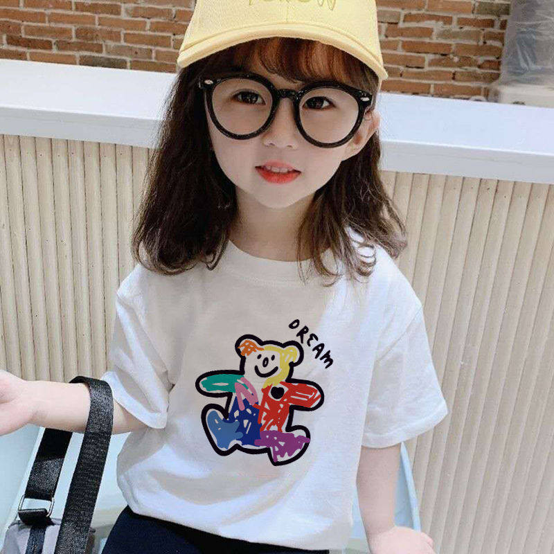 Pure Cotton Girl Short Sleeve T-shirt Foreign Pie 2022 Children Dress New Pint Summer Middle Children Cartoon Baby Blouses T-Shirt Tide