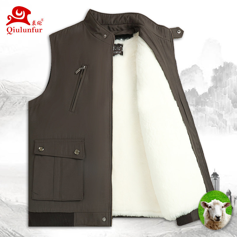 Autumn and winter outdoor waistcoat multi-pocket velvet thickened waistcoat Male middle-aged father warm vest tooling horse clip