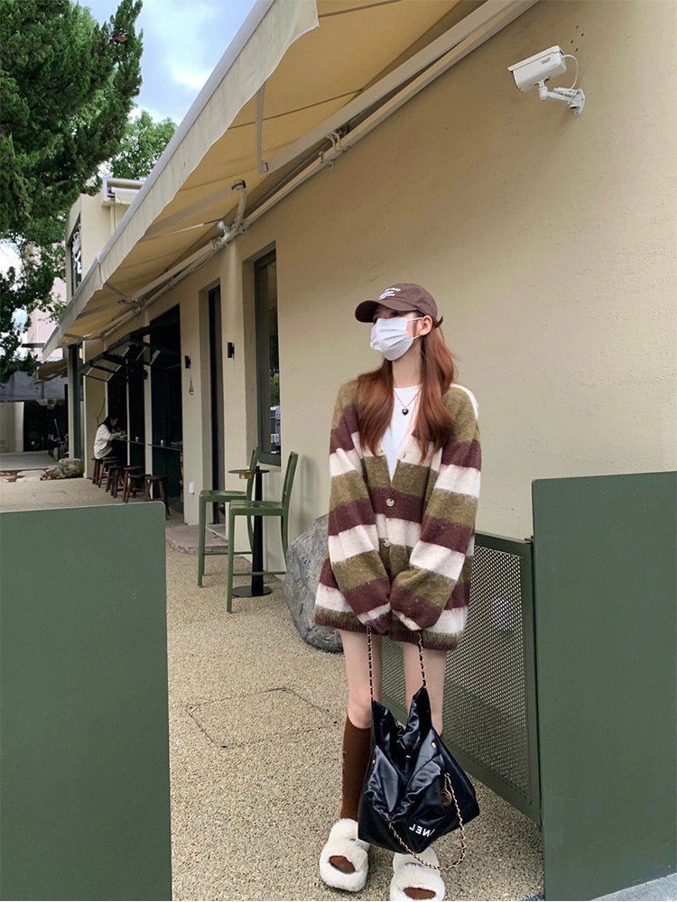 Sunny Shop Spring and Autumn Vintage Striped Knit Cardigan Loose Lazy Wind Wool Mohair Sweater Jacket