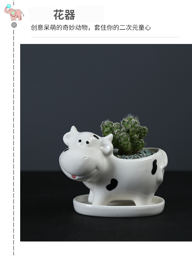 White hand - drawn cartoon animal pot with tray was small decorative the plants more meat flesh POTS, ceramic breathe freely