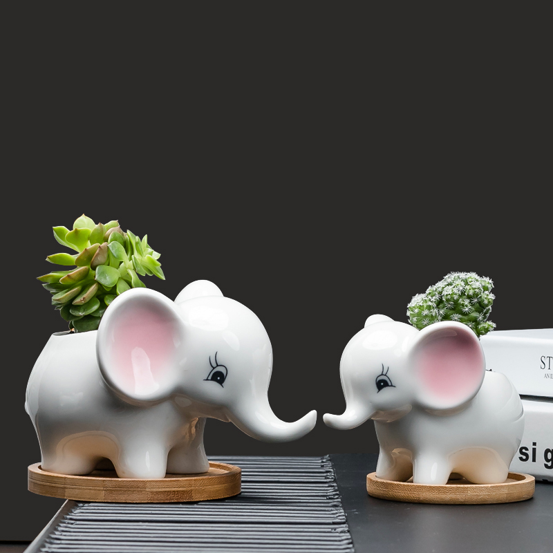Contracted white cartoon animal meat flowerpot more creative ceramic trumpet with tray desktop celestial being plant POTS
