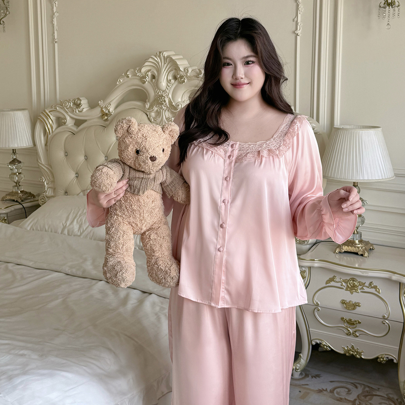 [Sweet Lullaby] Plus-Size Long-Sleeved Spring and Autumn Loose-Fitting Set for Women, Lace Nightgown, Pajamas 100kg Can Be Worn Outside