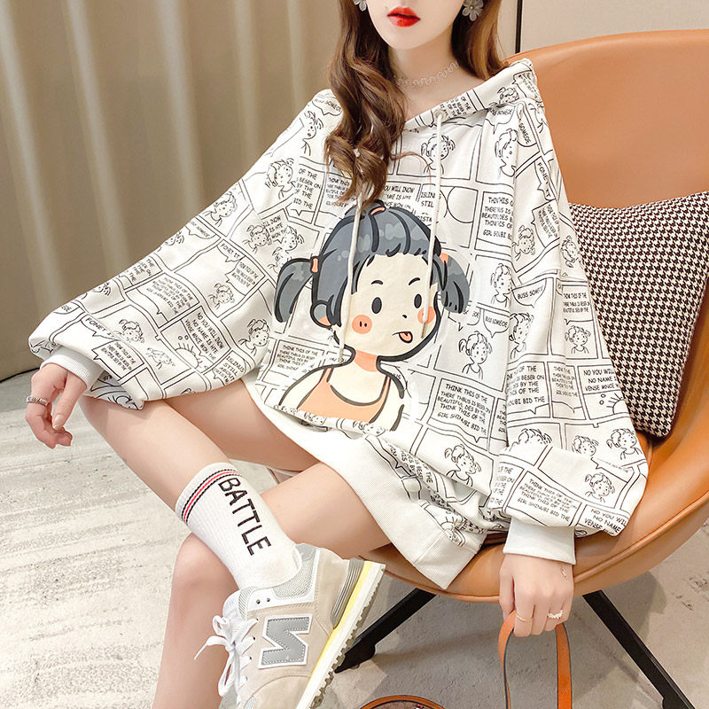 Pregnant woman autumn clothing Han version loose with hat cartoon printed long sleeves thick cotton T fat MM gats up and down 200 catty