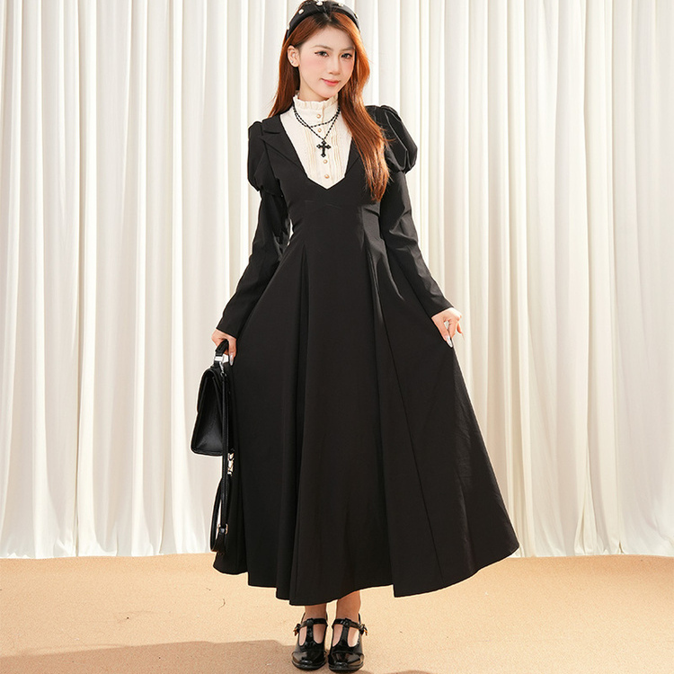 French Retro Long-Sleeved Dress for Women, Spring and Autumn, Dark Lolita Style, Waist-Cinching, Slimming, Gothic Nun-Style Long Dress French Retro Long-Sleeved Dress for Women, Spring and Autumn, Dark Lolita Style, Waist-Cinching, Slimming, Gothic Nun-Style Long Dress