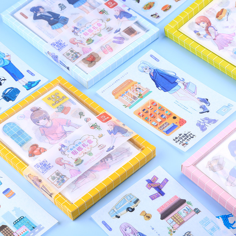 60 Japanese network red hand account sticker set a sticker ancient and paper cartoon character cartoon cute girl heart material big gift bag walking stick book ins wind diy decorative small pattern