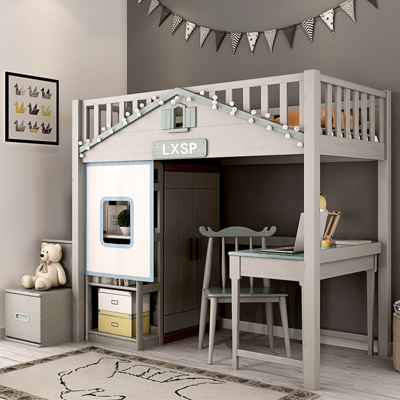 Multifunctional combined bed small family type children upper bed lower desk double layer integrated with wardrobe high and low cabinet body bed 6A27
