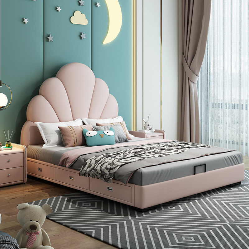 Fimasee bed children's bed girl princess bed Nordic solid wood leather bed boy net red shell rabbit single bed yy