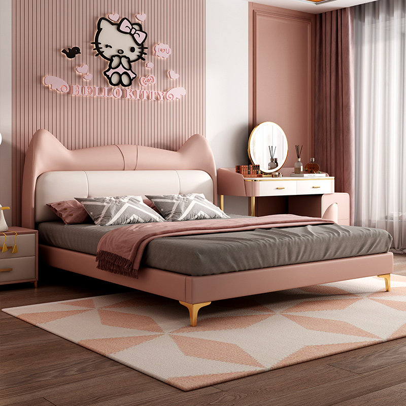 Fimasee modern minimalist princess girl bed children bed solid wood bed pink kitty bed genuine leather bedroom children's bed