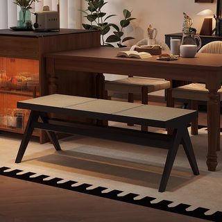 Aojing Vintage-Style Solid Wood Rattan Long Dining Chair, Wabi-Sabi Home Use, Guesthouse Entryway Shoe-Changing Bench, Natural Wood Long Bench