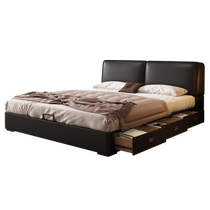 Fumenghua Italian minimalist large black cow leather bed master bedroom high-end atmospheric double bed multi-functional black storage bed